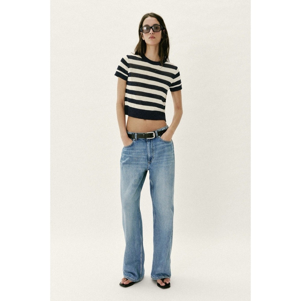 Zara NWT Striped Knit Cropped Short Sleeve Top Navy Coastal Womens Medium Preppy